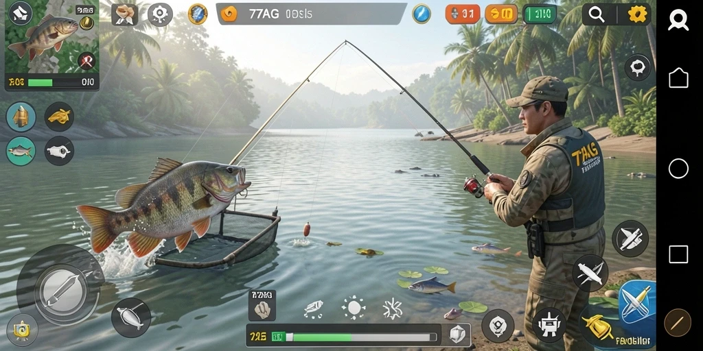 Screenshot gameplay 77AG menampilkan aksi memancing yang seru dan mendebarkan.