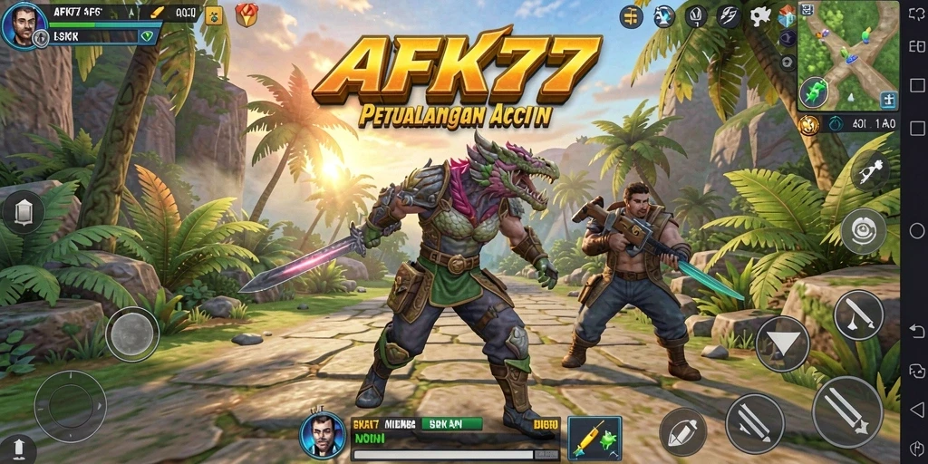Screenshot utama AFK77 menunjukkan aksi seru dalam pertarungan melawan monster.