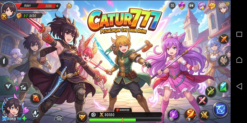 Tampilan dinamis gameplay CATUR777 dengan aksi karakter Anime.