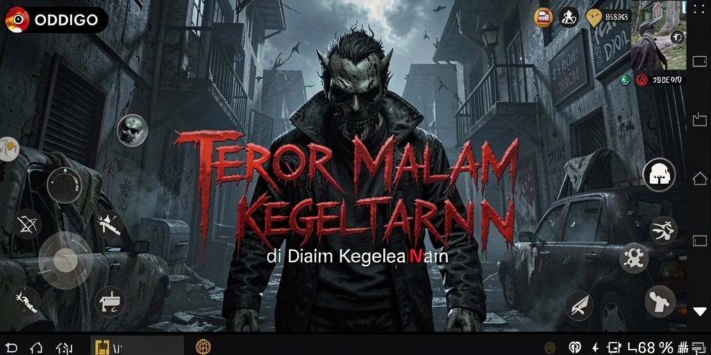 Screenshot gameplay ODDIGO menunjukkan suasana mencekam di kegelapan.