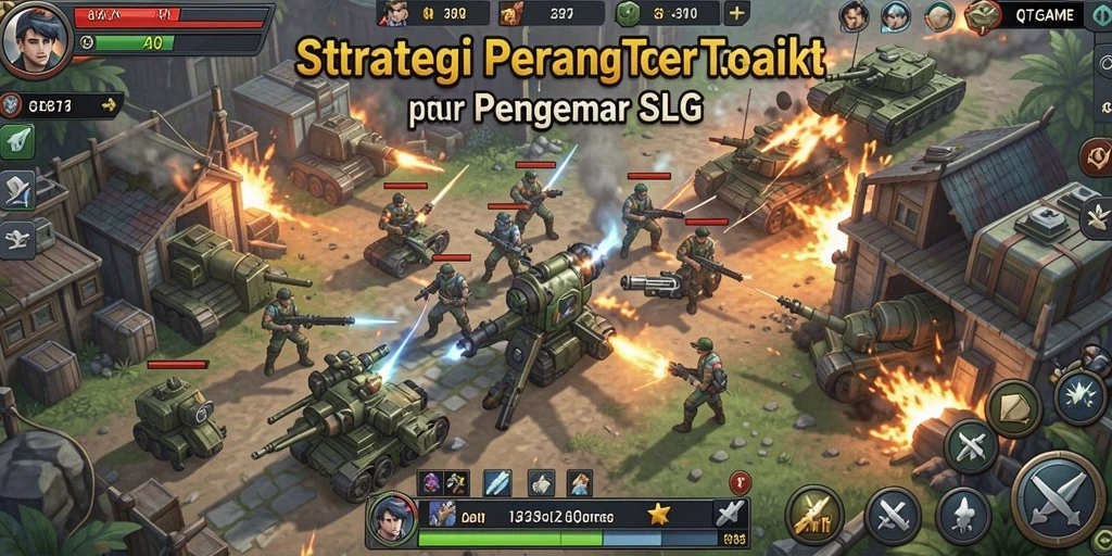 Tampilan layar permainan strategis QTGAME dengan pertempuran yang intens.